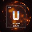 3D illustration of Uranium as Element 92 of the Periodic Table. Orange illuminated atom design background with orbiting electrons. Design shows name, atomic weight and element number