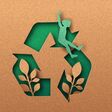 Recycle icon papercut banner with plant leaf and happy woman. Eco-friendly recycling symbol, Ecology project concept. 3d cutout in recycled paper background for social campaign.