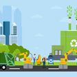 Green city and waste management landscape. Vector of a profitable recycling factory and automated robot sorting process on a background of eco friendly cityscape