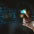businesswoman hand pushing icon Ui of Cloud Computing Technology Internet Storage Network Concept
