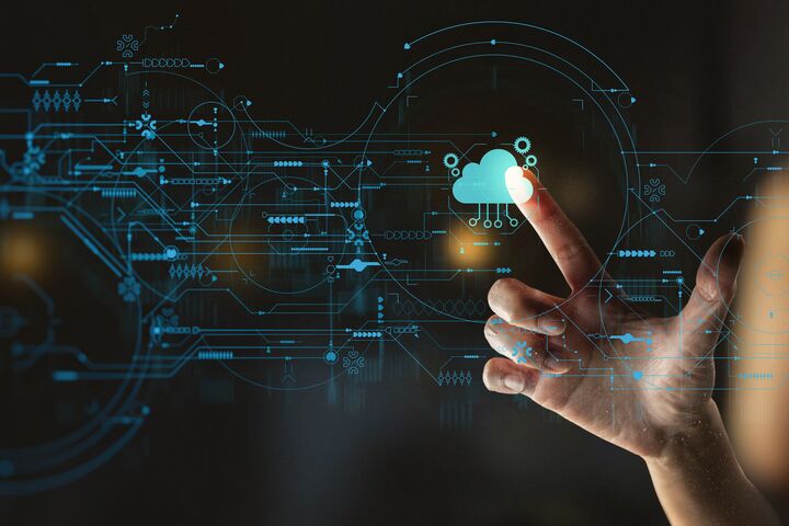 businesswoman hand pushing icon Ui of Cloud Computing Technology Internet Storage Network Concept