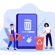 People cleaning mobile phone from trash files. Man and woman deleting documents with cleansing software flat vector illustration. Cache, spam concept for banner, website design or landing web page