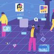 NFT art gallery in metaverse with people choosing and buying art flat vector illustration. People in VR headsets with briefcases with NFT portfolio in cyberspace visiting art exhibition.