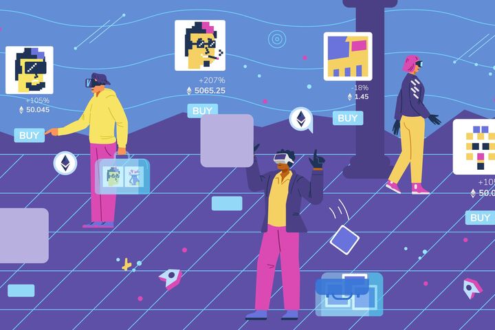 NFT art gallery in metaverse with people choosing and buying art flat vector illustration. People in VR headsets with briefcases with NFT portfolio in cyberspace visiting art exhibition.