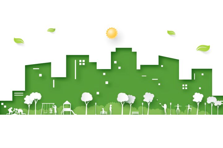 Human activities at the park on cityscape background.Ecology and Environment concept paper art style.Vector illustration.