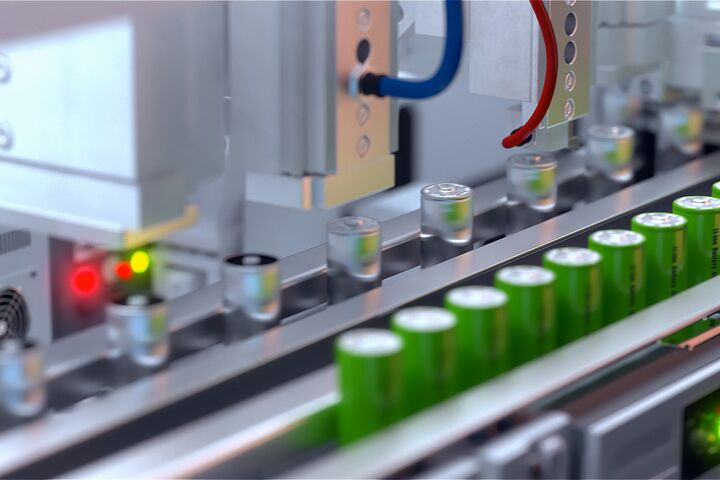 Conveyor line for the production of lithium ion batteries. Ecological energy. 3D illustration. 3D rendering. High quality photo