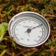 Thermometer showing high temperature in the compost pile. Close Up.