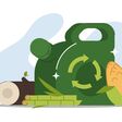 Biofuel eco green canister. Ethanol or biodiesel from biomass corn and wood, cellulose or sugar cane. Metal fuel gas can, car gasoline or petrol jerrycan flat vector illustration.