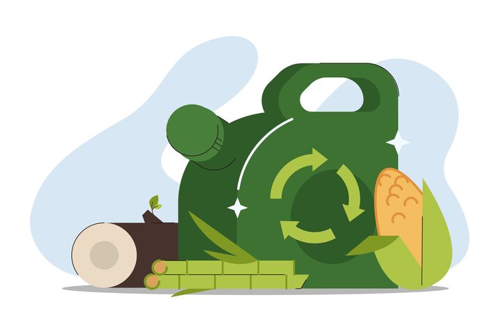Biofuel eco green canister. Ethanol or biodiesel from biomass corn and wood, cellulose or sugar cane. Metal fuel gas can, car gasoline or petrol jerrycan flat vector illustration.