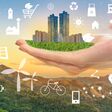 Hand hold green city with ecological icons, Save earth concept