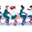 Business team ride bicycle. Collective work. Office people drive multicycle. Men and woman moving bike by joint efforts. Achieving goal. Workers biking together. Successful partnership. Vector concept