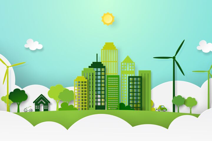 Paper art of green eco city and nature landscape in paper layers background template vector illustration.