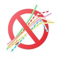 Vector no to plastic straws concept with colorful cocktail straws in red crossed circle. Environment pollustion prohibition, forbidden of disposable garbage cant be recycled.