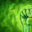 Ecological justice abstract concept as a fist painted in diverse green colors fighting for the environment and environmental and ecological equal rights and conservation social fairness in a 3D illustration style.