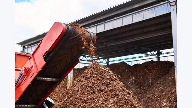 close-up conveyor of an industrial wood shredder producing wood chips from bark