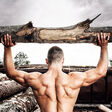 Strong muscular man holding heavy wood trunks, man, wood, log, high, place, abandoned, grungy, young, healthy life, gym