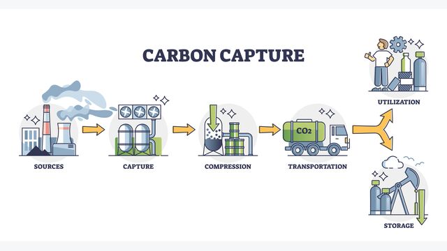 Carbon capture process with compression and transport for utilization outline concept. Labeled educational steps and stages explanation for CO2 reduction and storage principle vector illustration.