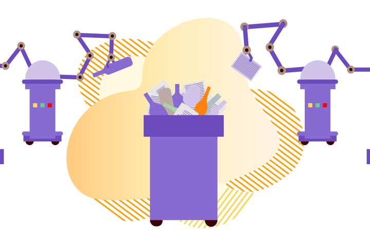 Vector illustration Automated robot sorting garbage on white background Waste sorting management artificial intelligence concept Recycling Eco friendly green city Flat style Design for website, print
