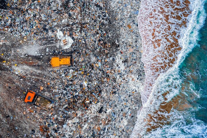 Concept environmental plastic pollution ocean water with garbage human waste. Aerial top view.