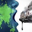 Global pollution concept with fossil fuel and industrial toxic waste as the planet earth eating petroleum and dirty polluted energy as an environmental icon with 3D illustration elements.