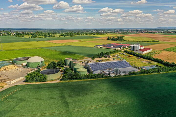 Drone image of a modern biogas plant in Germany during daytime in summer