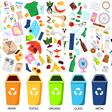 Waste sorting. Big collection of garbage types. Organic, paper, metal, hazardous, textile, glass, plastic trash icons, bins