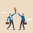 Successor plan, baton pass or transfer to new chosen leader, change new CEO or collaboration to achieve goal and win business competition concept, smart businessman leader passing torch to successor.