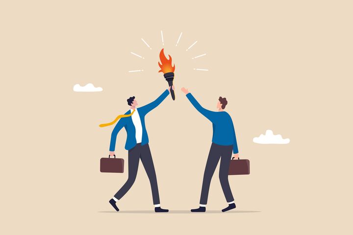 Successor plan, baton pass or transfer to new chosen leader, change new CEO or collaboration to achieve goal and win business competition concept, smart businessman leader passing torch to successor.
