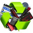 Green recycle symbol with batteries, 3D rendering isolated on white background