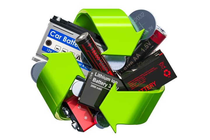 Green recycle symbol with batteries, 3D rendering isolated on white background