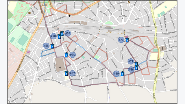 Figure 4. Example of route planning by the SCALIBUR platform for OFMSW collection in Kozani (Greece). biowaste