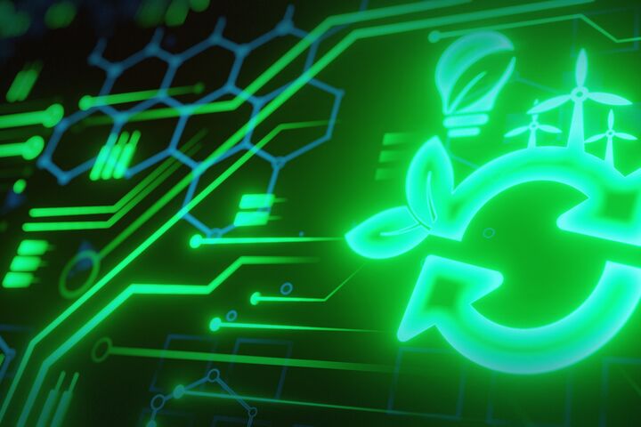 Green leaf on the arrow of computer circuit board. Nature with Digital Convergence and Technological Convergence. Green Computing, Green Technology, Green IT, csr, and IT