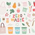 Zero waste design elements - garbage container, jars, vegetables, menstrual cup, leaves, tote bag, soap, ecology, brush, tomato, broccoli, pumpkin, radish, onion. Perfect for eco prints