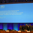 INC Second Seccion, Paris: Delegates huddle on the podium as discussions on the rules of procedure continue