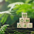 Circular economy concept.wooden cubes with a Circular economy icon on a green background. circular economy for future growth of business and design to reuse and renewable material resources.