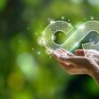 hand held circular economy icon The concept of eternal circular economy Endless and unlimited for future business growth and design for reuse and environmental sustainability.