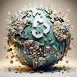 A unique 3D depiction of Earth using recycled materials, adorned with recycling symbols, set against a cloud-filled sky. AI Generated.