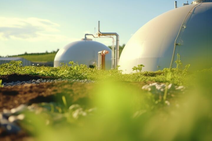 Closeup of a biogas digester, breaking down organic waste and producing ane gas for energy.