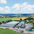 Visualisation: The extensions to the composting plant in Nieheim include a logistics hall, a building for the two digesters, two liquid digestate storage facilities with gas storage, a compost storage facility with a photovoltaic system and a wind power plant.