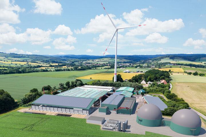 Visualisation: The extensions to the composting plant in Nieheim include a logistics hall, a building for the two digesters, two liquid digestate storage facilities with gas storage, a compost storage facility with a photovoltaic system and a wind power plant.