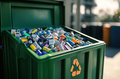 © Nina - stock.adobe.com A battery collection bin promoting eco-friendly disposal methods and initiatives for sustainable living practices and awareness