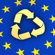 Recycling icon and European Union flag on background EU community circular economy concept 3d illustration.
