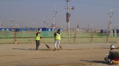 Swachhata Mitras (waste collectors) constantly clean the area.