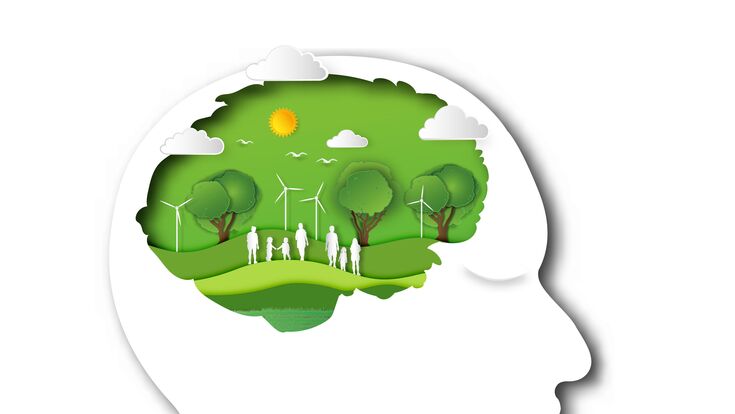 Paper art , cut and craft style of green environment with people and nature in the human brain background as Ecology design and environment conservation creative idea concept. Vector illustration.