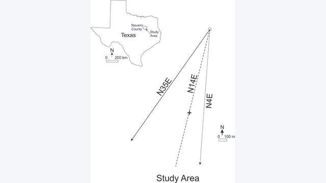 Figure 1. Study area showing source (o), monitoring station (+), and range of resultant wind directions (arrows) associated with ten highest monthly maximum sulfur dioxide concentrations.