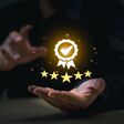 Business Quality Achievement and Excellence Concept. Businessman showcases a glowing five-star rating and award badge, symbolizing high quality and excellence in business.