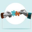 Hands combine puzzle pieces. Art collage.