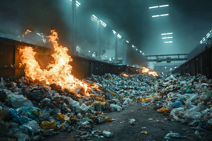waste management, garbage, fire, flames, refuse facility, trash, pollution, burning, environment, waste, plastic, debris, smoke, recycling, landfill, industrial, hazard, cleanup, safety, disposal, urban, crisis, destruction, environmental issues, fumes, trash management, refuse, ecological impact, refuse collection, toxic fumes, refuse processing, sustainable waste, emergency response, pollution control, waste treatment