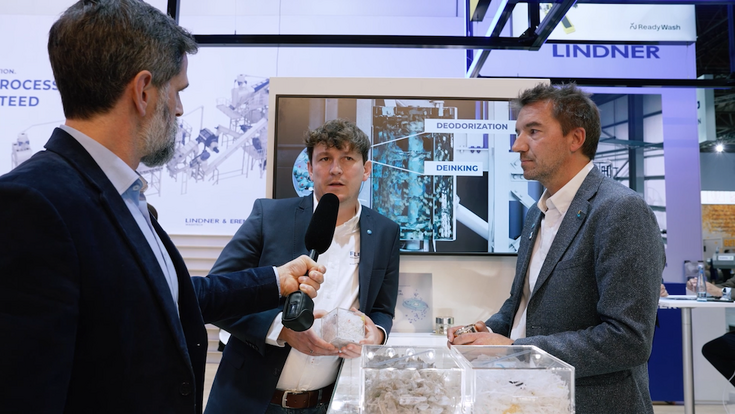 The modular Flexloop system is another fair highlight. A solvent-based extraction process is at the system’s core and reliably removes impurities (NIAS), odours, adhesives and printing inks from the polymer chains. Post-consumer recyclate can even be used in future for sensitive packaging, such as those needed in the cosmetics and personal care sectors.

Image: Yannick Stanau, Business Development Manager Lindner Washtech (centre), Gian De Belder, Technical Director – R&D Packaging Sustainability) (right)
