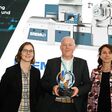 Award ceremony at the Plastics Recycling Show Europe 2026 in Amsterdam: Clemens Kitzberger (centre), Business Development Manager Post Consumer at the EREMA Group, accepted the Plastics Recycling Award Europe 2026 for the VOLEX technology. Left: Beatriz Santos (Crain Communications). Right: Emilia Tarlowska (Plastics Recyclers Europe).